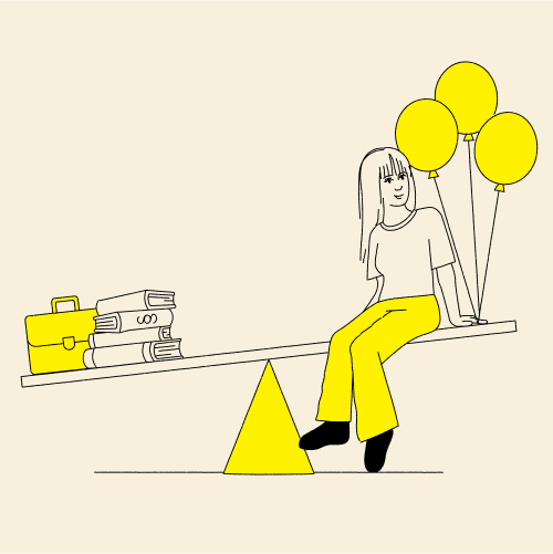 Eine Person sitzt auf einer Wippe, auf der linken Seite sind Stapel von Büchern und ein gelber Koffer. Auf der rechten Seite hält die Person drei gelbe Luftballons. Die Wippe ist auf einem gelben Dreieck gelagert.